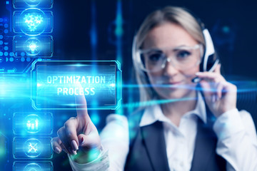 Business, Technology, Internet and network concept. Marketing content. Businessman presses a button Optimization process on the virtual screen tablet future.