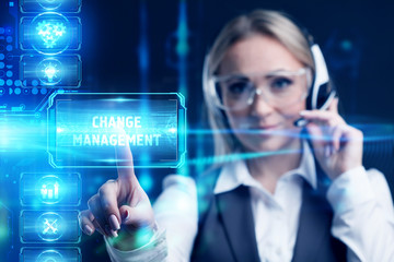 Business, Technology, Internet and network concept. Marketing content. Businessman presses a button Change management on the virtual screen tablet future.