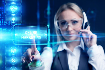 Business, Technology, Internet and network concept. Marketing content. Businessman presses a button Online marketing on the virtual screen tablet future.
