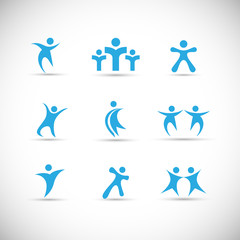 Fototapeta na wymiar Abstract People Logo Set. Human Figure Isolated On Gray Background. Icons Collection For Human Success, Celebration Logo, Achievement Symbol And Activity. Different Happy People. Figure Logo, Vector