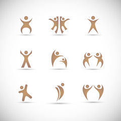 Abstract People Logo Set. Human Figure Isolated On Gray Background. Icons Collection For Human Success, Celebration Logo, Achievement Symbol And Activity. Different Happy People. Figure Logo, Vector