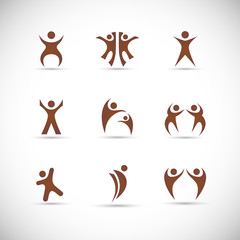 Abstract People Logo Set. Human Figure Isolated On Gray Background. Icons Collection For Human Success, Celebration Logo, Achievement Symbol And Activity. Different Happy People. Figure Logo, Vector