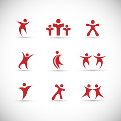 Abstract People Logo Set. Human Figure Isolated On Gray Background. Icons Collection For Human Success, Celebration Logo, Achievement Symbol And Activity. Different Happy People. Figure Logo, Vector
