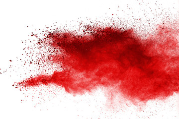 Red powder explosion on white background. Colored cloud. Colorful dust explode. Paint Holi.