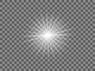 Abstract white light of the sun, star flash. Soft, glow transparent rays, silver. Vector design element on isolated background.