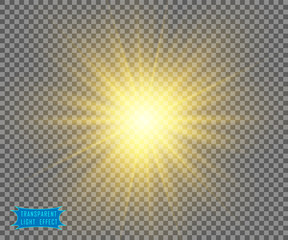 The yellow light of the sun, the flash of a star. Soft, glow transparent rays. Vector design element on isolated background.