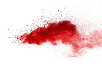 Red powder explosion on white background. Colored cloud. Colorful dust explode. Paint Holi.