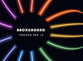 Rainbow colored abstract neon glowing lines on dark background. Vector illustration with indentation for text.