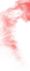 Red powder explosion on white background. Paint Holi.
