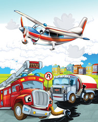 Fototapeta premium funny looking cartoon fireman truck driving through the city and emergency plane flying over - illustration for children