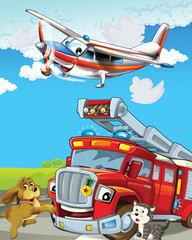 Obraz na płótnie Canvas funny looking cartoon fireman truck driving through the city and emergency plane flying over - illustration for children