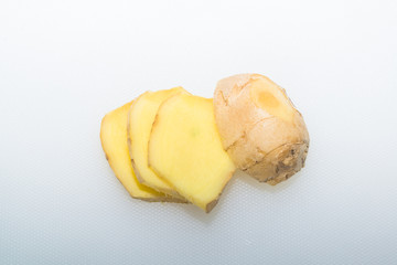 Ginger slices on a white background