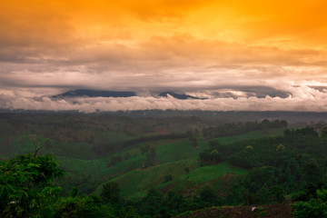 Fototapeta premium Blurred abstract background of high angle scenery, overlooking mountains, colorful skies, fresh air while traveling