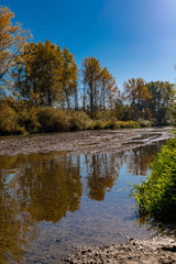 Fototapeta na wymiar Autumn landscape with river Raba trees and blue sky.