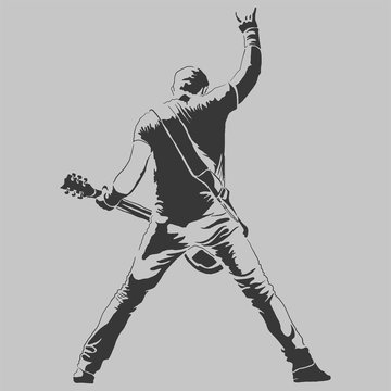 Vector Drawing. Silhouette Of Man With Guitar Electric. - Vector