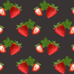 strawberry on dark background hand drawn autumn leaf seamless pattern, design for fabric, wallpaper, textile print, wrapping paper	