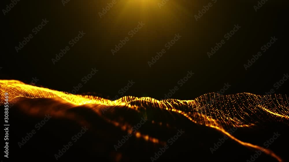 Poster digital particles wave flow gold color with bokeh abstract motion background concept