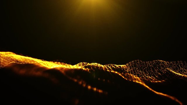 Digital particles wave flow gold color with bokeh abstract motion background concept