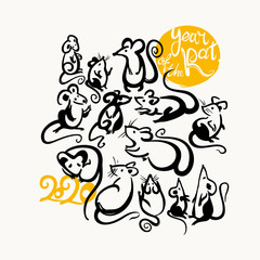 Handwritten Rats 2020. Ink brush calligraphy. Yellow round stamp. Year of the rat on the Chinese calendar.