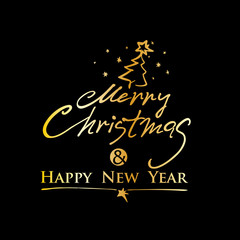 Merry Christmas & Happy New Year. Vector golden text on a black background. Hand drawn inscription, calligraphic design. Vector illustration