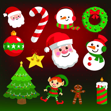 Christmas design elements, vector. Quality flat design Xmas decorative items featuring Santa, gifts, gingerbread man, holly tree, snowman, wreath, garland, etc.