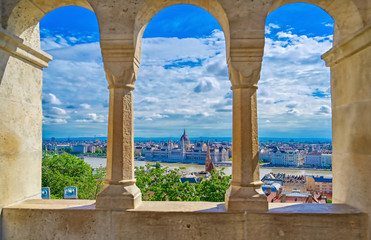 A view of Budapest, Hungary along the Danube River from Fisherman's Bastion.