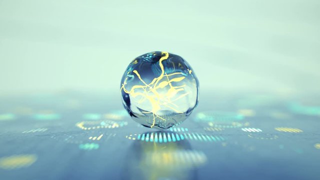 Sphere with glowing connections inside. Science fiction physics or nanotechnology concept. Seamless loop 3D render animation with DOF