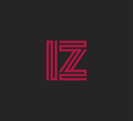 Initial two letter red line shape logo on black vector IZ