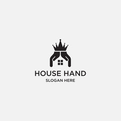 Abstract house hands king logo design template. Premium real estate sign. Universal protection care home realty business vector icon. Negative space idea logotype - stock vector