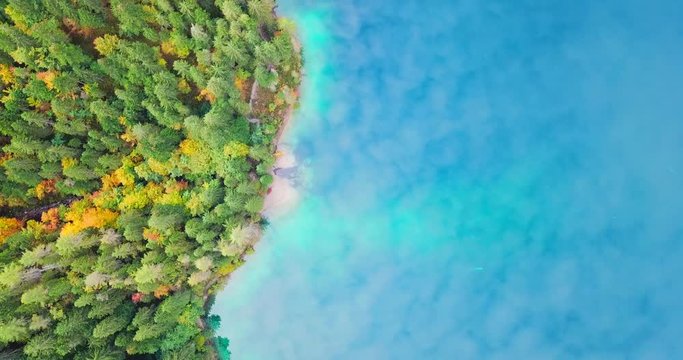 Vista aerea di un paesaggio naturale, acqua e foresta si incontrano tra le montagne