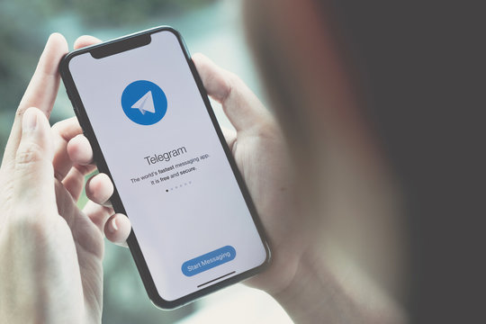 CHIANG MAI, THAILAND MAY 6 2019 : Telegram application icon on Apple iPhone Xs screen close-up. Telegram app icon. Telegram is an online social media network. Social media app