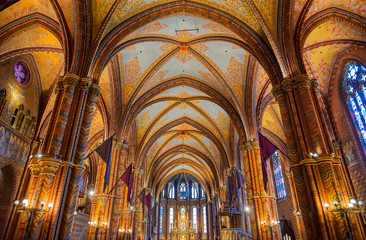 Budapest, Hungary - May 24, 2019 - The interior of the Church of the Assumption of the Buda Castle,...