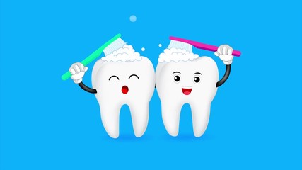 cute cartoon tooth character  brushing together. Animation idea for dental care concept.