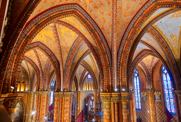Budapest, Hungary - May 24, 2019 - The interior of the Church of the Assumption of the Buda Castle,...