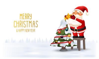 Merry Christmas and Happy New Year. Santa Claus decorating christmas tree in Christmas snow scene
