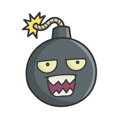 Mad angry cartoon bomb with burning wick isolated on white
