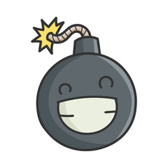Happy smiling cartoon bomb with burning wick isolated on white