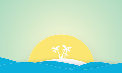 Tropical island with palm trees and blue ocean, Summer time, Paper cut