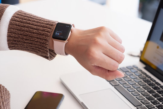 CHIANG MAI, THAILAND -FEB 24, 2019 : close up image of the new apple watch sport on women wrist, Chiang Mai, Thailand on Febuary 24, 2019 .