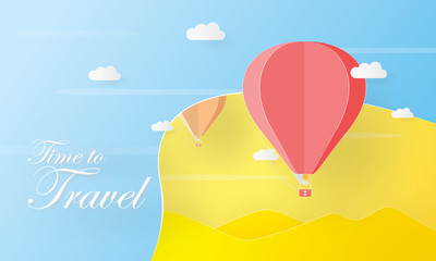 Hot air balloon flying above the cloud, Holiday concept, Paper layer cut