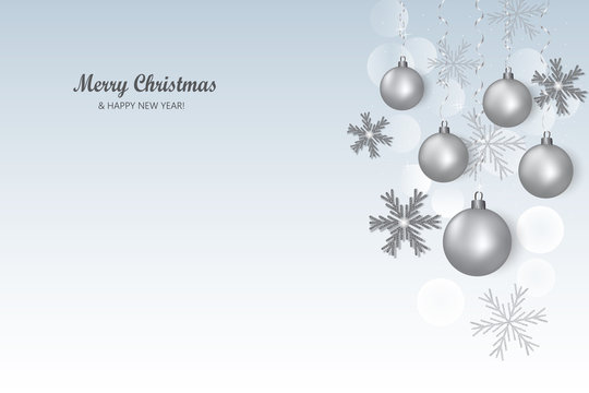 Christmac background, poster, greeting card, silver balls and snowflakes