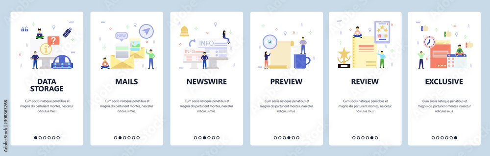 Aufkleber mobile app onboarding screens. data storage, technology, email, news. menu vector banner template fo