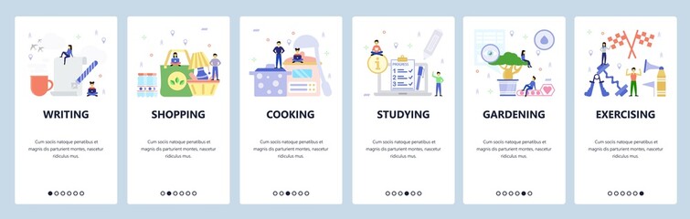 Fototapeta na wymiar Mobile app onboarding screens. Writing, shopping, cooking, studying, exercising. Menu vector banner template for website and mobile development. Web site design flat illustration
