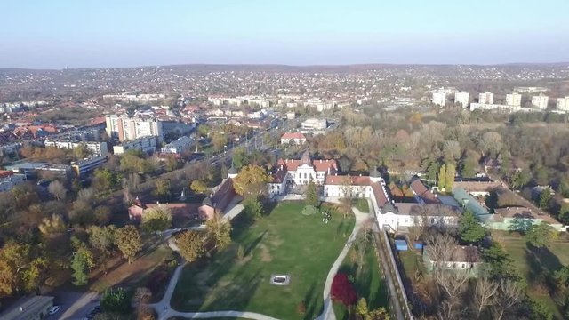 Drone perspective of Royal Palace of G&ouml;d&ouml;llő. Godollo at beatiful sunny day Budapest, Hungary