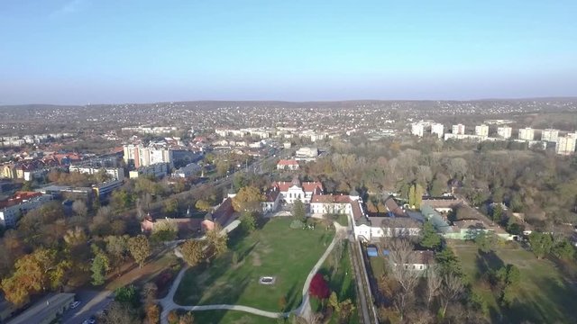 Drone perspective of Royal Palace of G&ouml;d&ouml;llő. Godollo at beatiful sunny day Budapest, Hungary