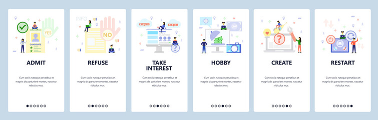 Mobile app onboarding screens. Job application, yes and no hand gestures, make money, phone call. Menu vector banner template for website and mobile development. Web site design flat illustration - obrazy, fototapety, plakaty