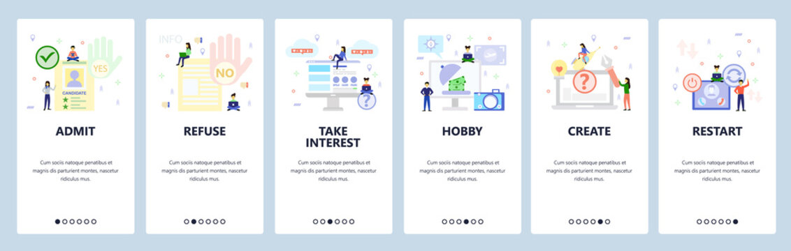 Mobile app onboarding screens. Job application, yes and no hand gestures, make money, phone call. Menu vector banner template for website and mobile development. Web site design flat illustration