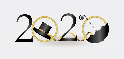 new year 2020. black top hat and umbrella