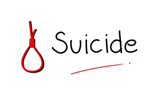 Hand drawing. Red noose rope and wording Suicide on white background. simple style. Can be use for advertising, brochure, poster, web.
