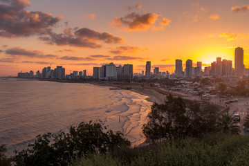 Fototapeta na wymiar Tel Aviv skyline during sunrise in Israel